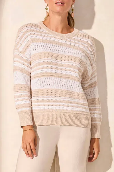 Tribal 3/4 Sleeve Scoop Neck Sweater In White Stripe In Pink