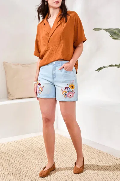 Tribal Audrey Girlfriend Denim Short With Fancy Embroidery In Charm Blue In Brown