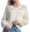 Tribal Beach Crochet Crew Neck Sweater In Cream In Multi