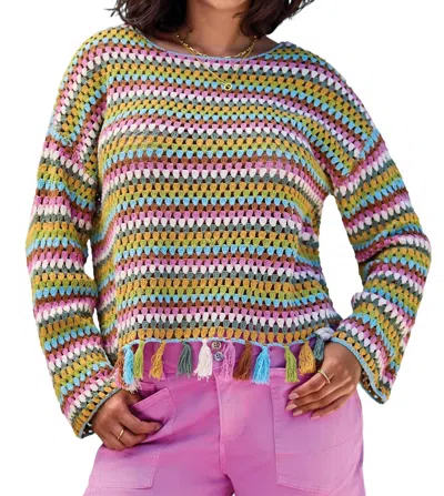 Tribal Bell Sleeve Sweater With Tassel Trim In Aqua Sky In Multi