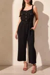 Tribal Jumpsuit With Sash And Pockets Button Front In Black In Black