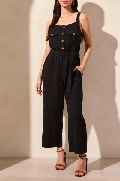 TRIBAL BELTED COTTON GAUZE JUMPSUIT IN BLACK