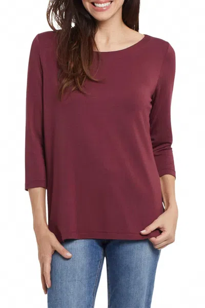 Tribal Boat Neck 3/4 Sleeve Top In Rubywine In Red