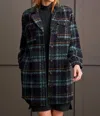 Tribal Boucle Plaid Shacket With Notch Collar In Alpine Green In Multi