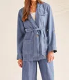 Tribal Flowy Soft Denim Blazer With Belt In Multi