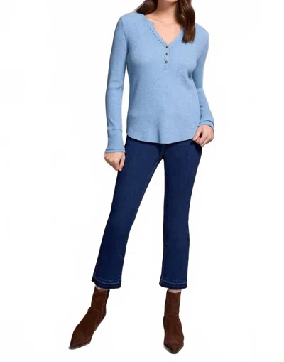 Tribal Brushed Waffle Knit Henley Long Sleeve Top In Heathered Denim In Blue