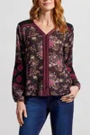 Tribal Long-sleeve Button Front Blouse With Embroidery In Black In Multi