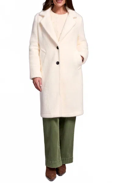 Tribal Button Front Fur Coat With Lining In Moonstone In White