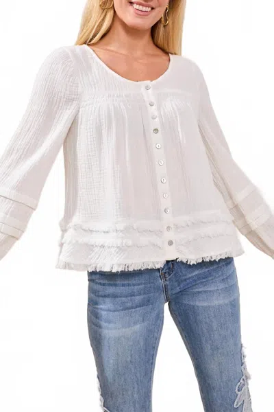 Tribal Button Front Tiered A-line Blouse With Smocking & Raw Edge In Oceanpearl-2533 In White