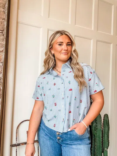 Tribal Cactus Print Button Front Blouse In Blue Stripe
