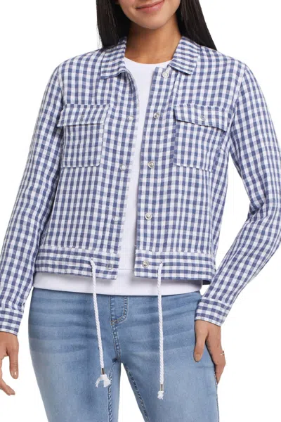Tribal Cindy Crop Jacket With Drawstring In Dusty Navy Gingham Print In Black