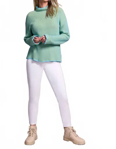 Tribal Combed Cotton Two-tone Rib Funnel Neck Sweater In Mist Blue In Green
