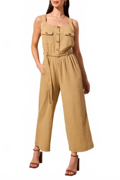 Tribal Cotton Gauze Belted Jumpsuit In Nude Olive In Brown