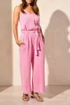 Tribal Cotton Gauze Button-front Jumpsuit With Sash In Flamingo In Pink
