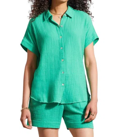 Tribal Cotton Gauze Button-up Shirt With Short Sleeves In Jademist In Multi
