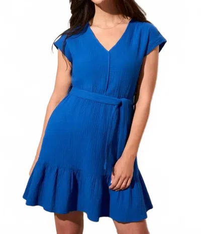 Tribal Cotton Gauze Cap Sleeve Dress With Sash In Royal In Blue