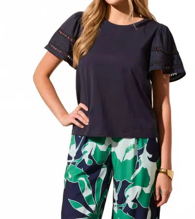 Tribal Cotton Jersey Flutter Sleeve Crew Neck Top In Black In Blue
