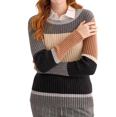 Tribal Crew Neck Colorblock Sweater In Charcoal In Pink