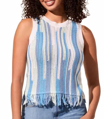 Tribal Crew Neck Fringed Hem Sweater Tank In Blue