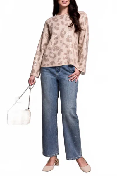 Tribal Crew Neck Sweater With Sequins In Sandstone In Beige
