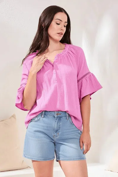 Tribal Crinkle Gauze Bell Sleeve Blouse In Orchid Glow In Pink