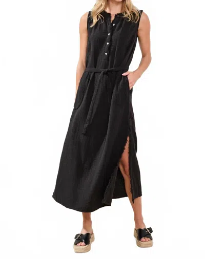 Tribal Crinkle Gauze Button‑front Belted Midi Dress In Black