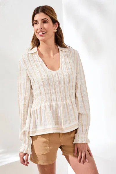 Tribal Crinkled U‑neck Long Sleeve Smocked Blouse In Sesame In Silver