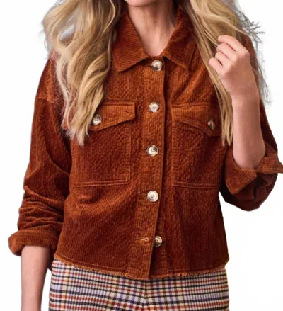 Tribal Crop Denim Shacket With Patch Pockets In Pumpkin Spice In Brown