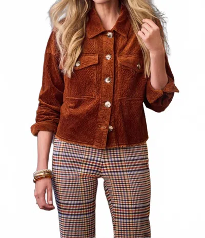 Tribal Crop Denim With Pockets Shacket - Plus In Pumpkin Spice In Brown