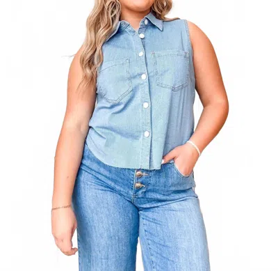 Tribal Crop Sleeveless Denim Button Down Shirt In Baja Blue In Multi