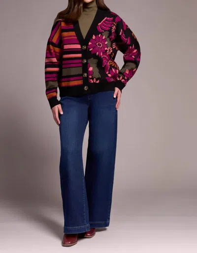 Tribal Double Knit Combo Print Cardigan In Black