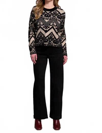 Tribal Double-knit Eyelash Yarn Crew Neck Sweater In Black