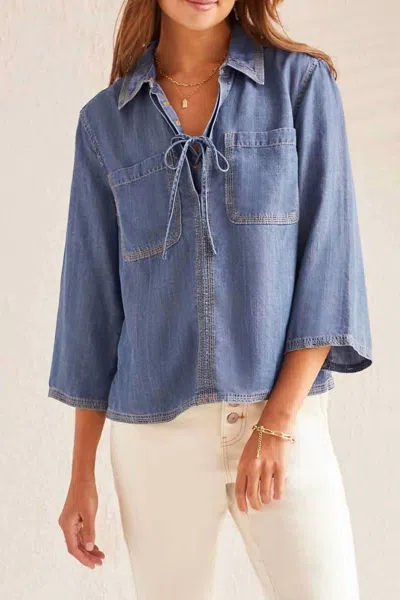 Tribal Elbow Sleeve Blouse With Lace Up Front In Dark Chambray In Blue
