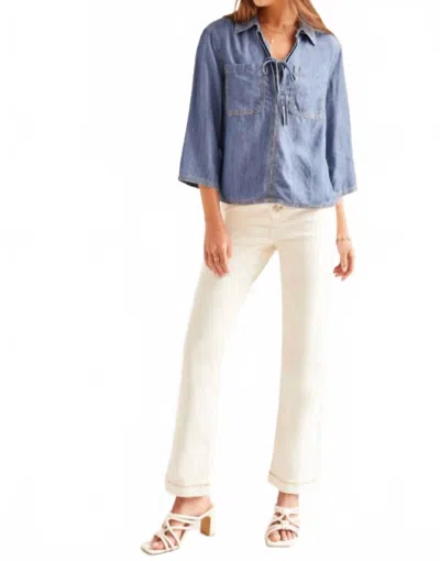 Tribal Elbow Sleeve Pop Over Blouse In Dark Chambray In Multi