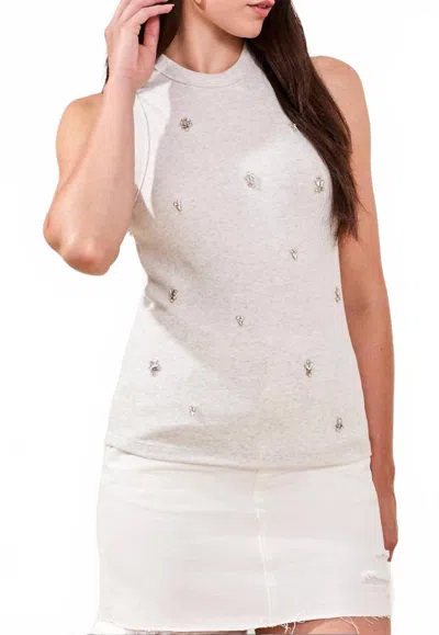 Tribal Embellished Racer Back Tank Top In Light Grey Mix In White