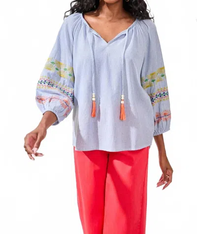 Tribal Embroidered Balloon Sleeve Tassel Tie Notch Neck Blouse In Baja Blue In Multi