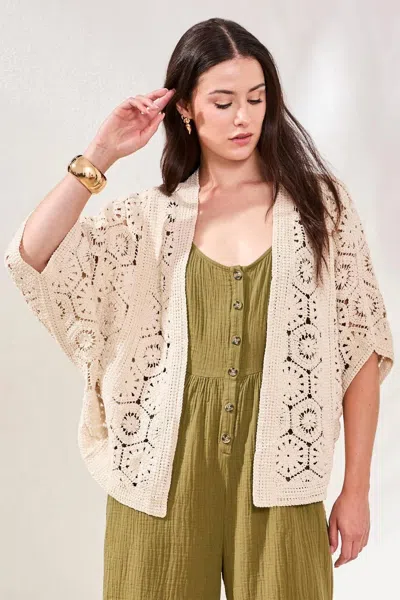 Tribal Embroidered Crochet 3/4 Sleeve Cardigan In Natural In White