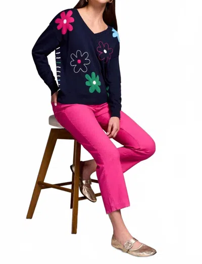 Tribal Embroidered Daisy Flowers Front Cotton Sweater In Navy In Blue