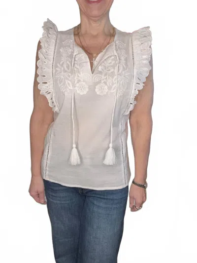 Tribal Embroidered Frill Sleeve Blouse In White