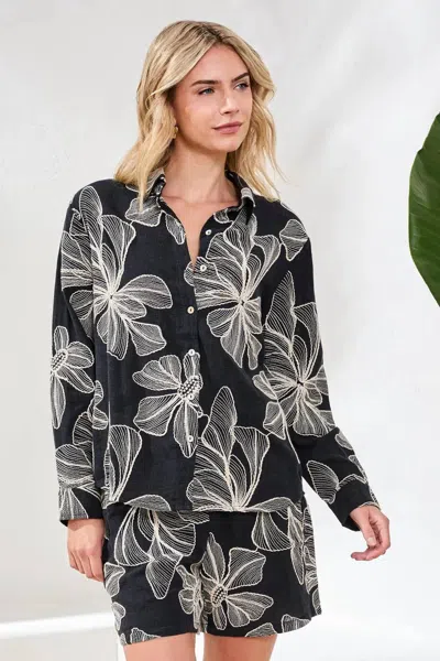 Tribal Embroidered Long Sleeve Button‑front Blouse In Black In Multi