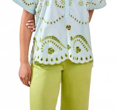 Tribal Embroidered Poplin Short Sleeve Blouse In Light Aqua In Green
