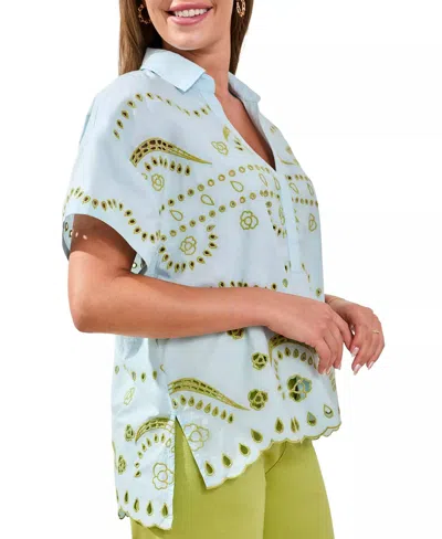 Tribal Embroidered Pull On Blouse In Green In Blue
