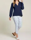 Tribal Embroidered Split Neck Top In Navy Blue In Blue