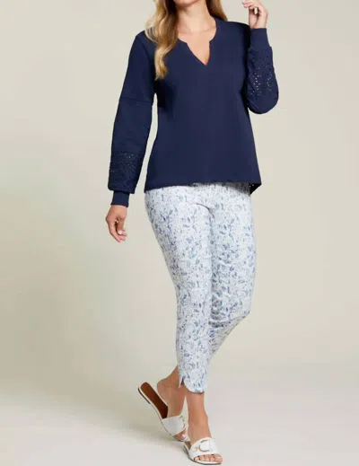 Tribal Embroidered Split Neck Top In Navy Blue