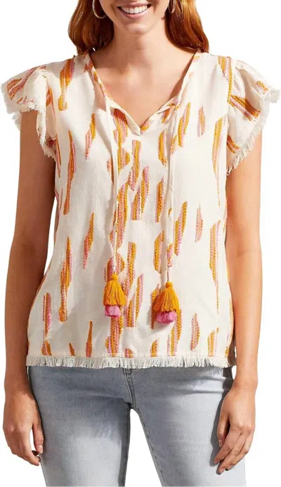 Tribal Farah Flutter Sleeve Textured Blouse In Eggshell In White