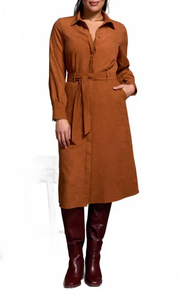 Tribal Faux Suede Dress With Long Sleeves And Belted Waist In Gingerspice In Brown