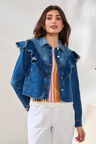 Tribal Fayra Fashion Denim Jacket With Sculpted Ruffle Detail In Dark Pacific In Black