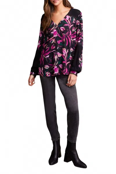 Tribal Floral Button Front Blouse In Deep Magenta In Black