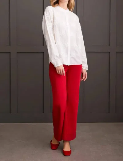 Tribal Floral Embroidered Blouse With Ruffled Collar In Cream In White