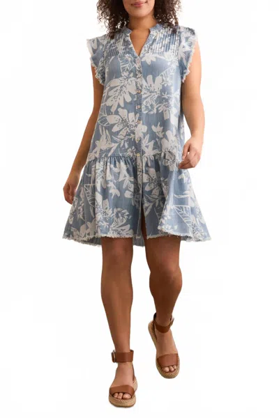 Tribal Tencel Floral Print Button-front Dress In Light Blue In Black